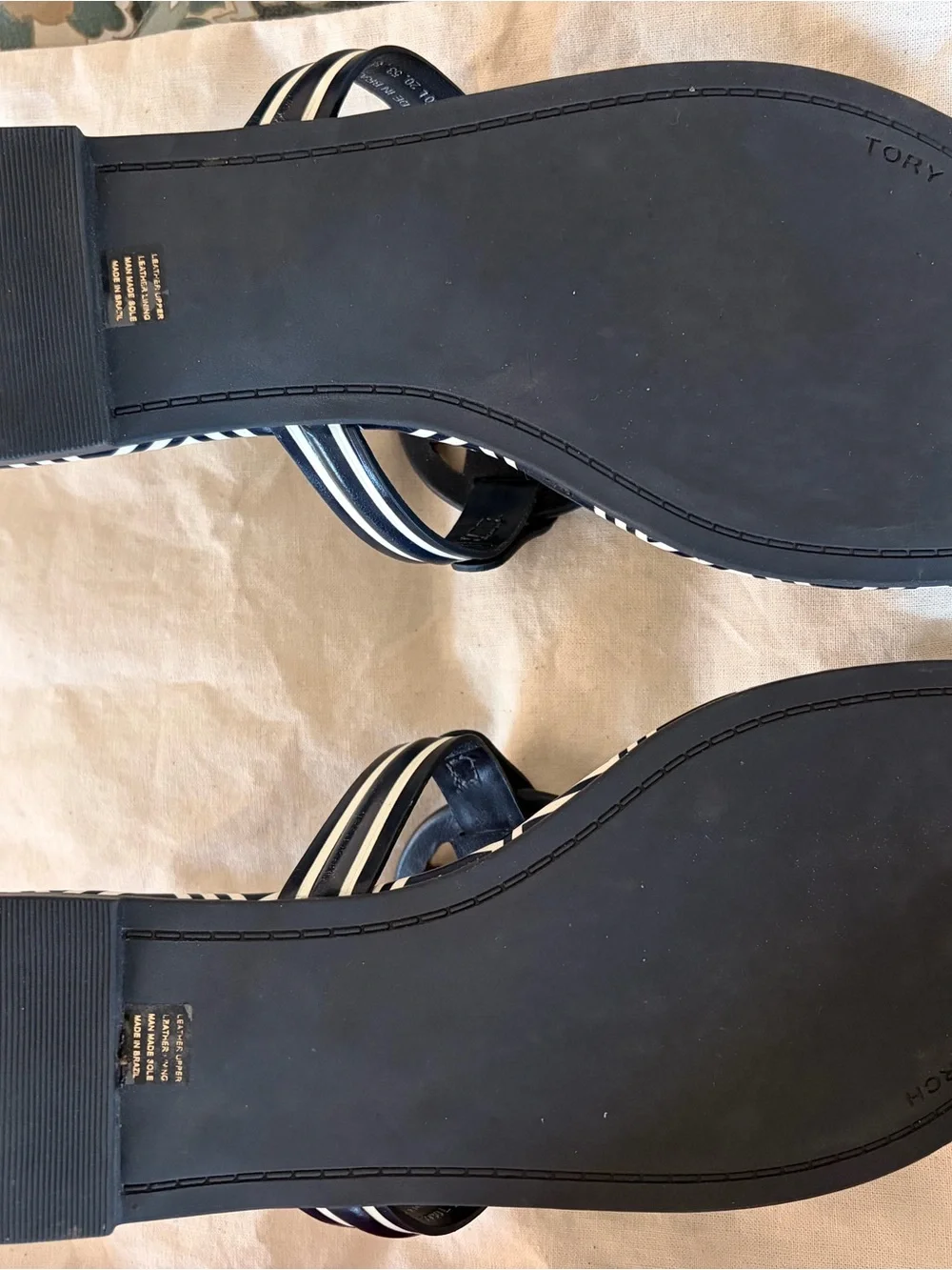 Tory Burch Navy and White Metal Miller Geometric Logo Thong Sandals